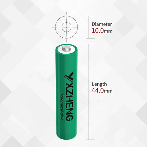 Close-up of a 8 Pack AAA NiMH Rechargeable Battery 1.2V 300mAh For Outdoor Solar Lights with dimensions marked.