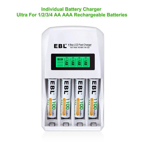Eight Pack AAA Rechargeable 1100mAh NiMH Batteries With Individual LCD Charger, showing four batteries in charger with display.