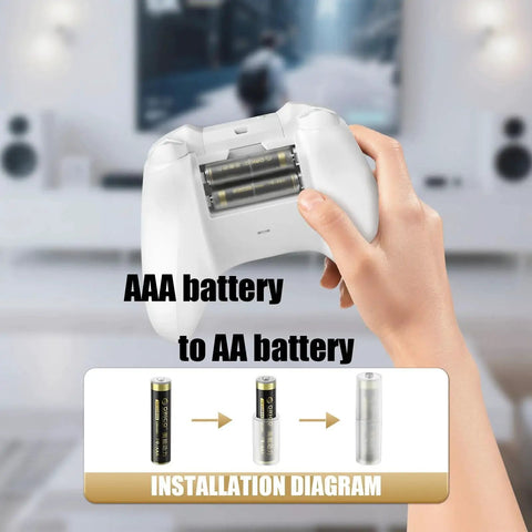 Hand holding game controller with 4 Pack AAA to AA Battery Adapter Case with Metal Contacts for Emergency Use installation diagram.