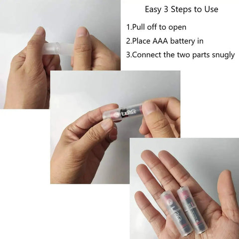 Hands demonstrating AAA to AA Battery Adapter Case With Metal Contacts, Clear, Pack of 4 with step-by-step usage instructions