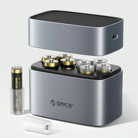 4 Pack AAA to AA Battery Adapter Case with Metal Contacts for Emergency Use, shown with AAA batteries and adapter in a sleek case