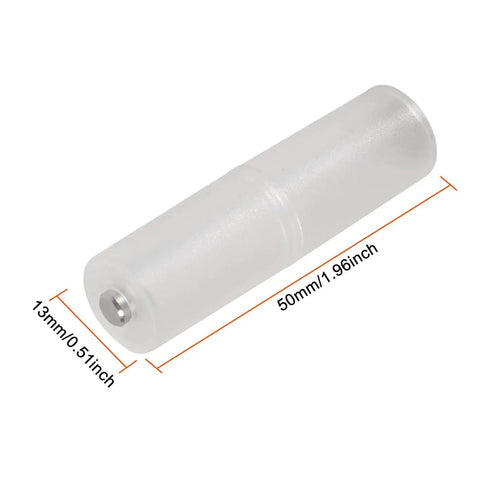 Clear AAA To AA Battery Adapter Converter Holder with Metal Contact Bottom Pack, showing dimensions and transparent construction.