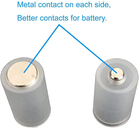 Close-up of 40 Pcs AAA to AA Battery Adapters Converting AAA to AA with Secure Metal Contact, showing metal contacts on cell ends.