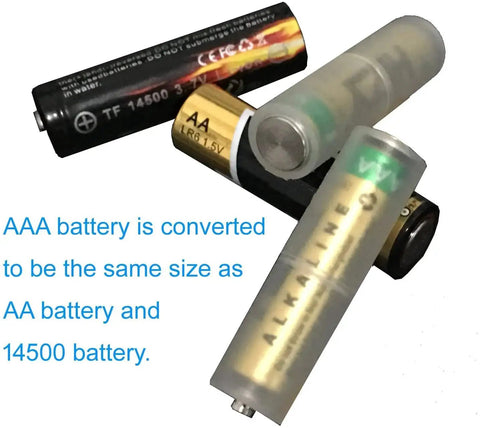 40 Pcs AAA to AA Battery Adapters Converting AAA to AA with Secure Metal Contact shown with batteries