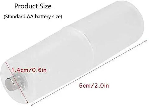 Image showing the size dimensions of the AAA to AA Battery Adapter Case With Metal Contacts, Clear, Pack of 4, illustrating length and diameter.