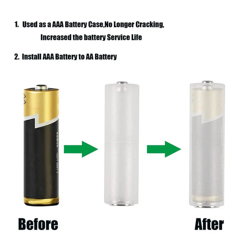 AAA to AA Battery Converter 12 Pack showing conversion process of turning AAA battery into AA size using adapter