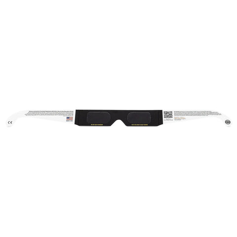 Front view of AAS Approved ISO and CE Solar Eclipse Glasses for 2026 Total Eclipse in Spain showing safety labels and black lenses.