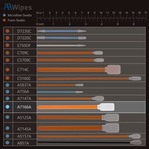 Chart comparing AAwipes microfiber and foam swabs sizes showing Lint Free Lab Swabs 4.8 Inch With Double Layer Knitted Microfiber Heads