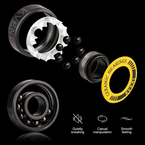 Detailed view of ABEC 9 Ceramic Ball Bearings Kit components including ceramic balls and ring, with focus on titanium coating and 608RS type.