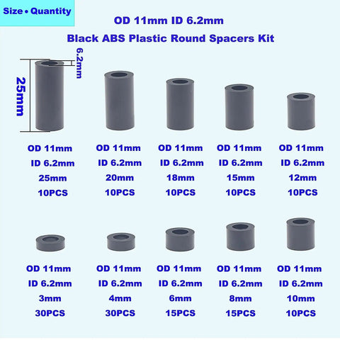 11mm Outer Diameter ABS Unthreaded Clearance Spacers Standoffs Kit for M6 Screws, various lengths displayed