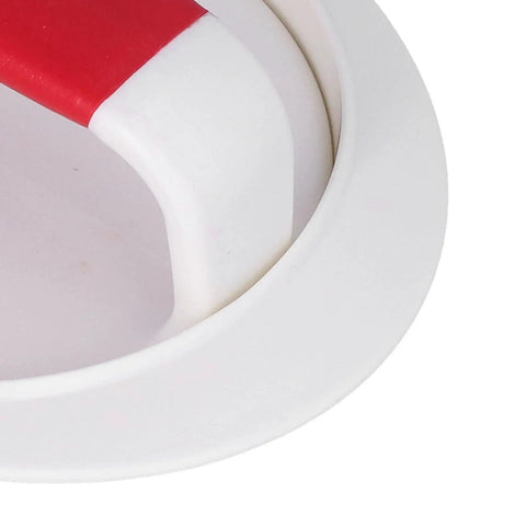 Close-up of Burger Press Patty Maker Nonstick Mold handle, red and white ABS plastic, part of Easy Grill Tool.