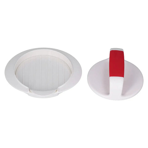 Burger Press Patty Maker Nonstick Mold for Sliders and Stuffed Burgers Heavy Duty ABS Plastic tool with a red handle top view