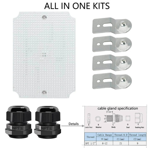 All Weather Built To Last IP67 Waterproof ABS Electrical Enclosure With Hinged Cover And Stainless Steel Latch Two Cable Glands Mounting Plate And Wall Bracket Indoor Outdoor Project Box 8.7 By 6.7 By 4.3 Inches parts display with mounting hardware and cable gland diagram view.