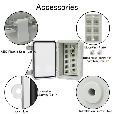 Accessories for IP65 Waterproof ABS Plastic Junction Box Enclosure with Hinged Clear Cover, showing mounting plate and components.