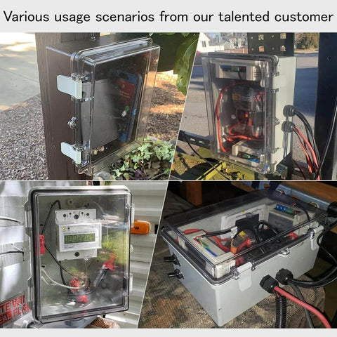 Various installations of IP65 Waterproof ABS Plastic Junction Box Enclosure With Hinged Clear Cover For Outdoor Electrical Projects
