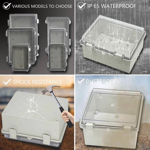 Collage of Outdoor ABS Plastic Electrical Junction Box IP65 Weatherproof Enclosures, showing various models, water resistance, shock proof, and dustproof features.