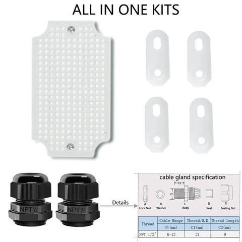 Built Tough Outdoor IP67 ABS Junction Box kit with mounting plate, 2 NPT cable glands, and specifications diagram