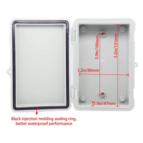 Built Tough Outdoor IP67 ABS Junction Box With Hinged Cover Weatherproof Electrical Enclosure open with dimensions shown