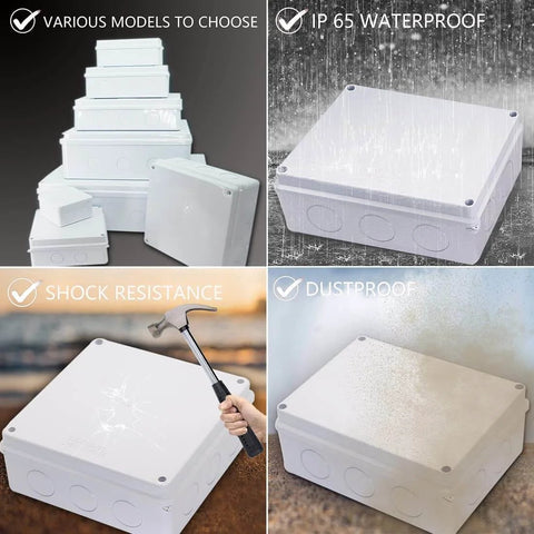 Collage of white Outdoor IP65 Waterproof Junction Box With Eight Reserved Holes ABS Plastic Electrical Enclosure showing durability features.