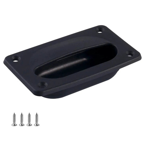 Front view of black ABS embedded deck latch with four mounting screws for marine boat floor fastening