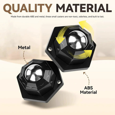 Close-up of Heavy Duty Self Adhesive Swivel Caster Wheels showing ABS and metal materials with swivel directions.
