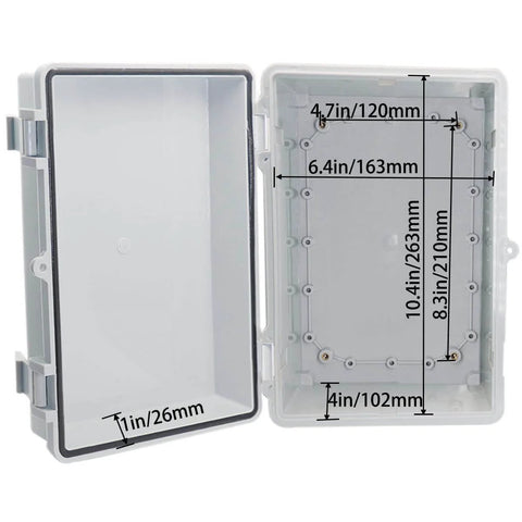 Open Outdoor Electrical Enclosure Box IP67 Weatherproof Junction Box ABS Plastic Grey With 2 Cable Glands Hinged Cover, dimensions visible