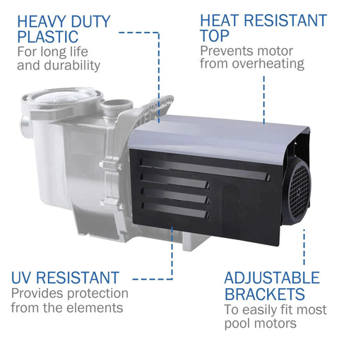 ABS Adjustable Pool Pump Motor Cover displaying heavy duty plastic, heat resistant top, UV resistant features for outdoor above ground units.