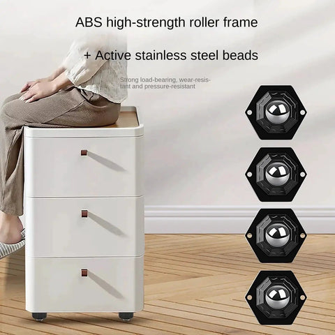 Eight Pack Heavy Duty Self Adhesive Swivel Caster Wheels For Furniture Storage Bins Cabinets And Appliances 1 Inch Low Profile Universal Wheels 30 LB Capacity Each Easy No Drill Adhesive Installation Surface Safe next to a cabinet with wheels.