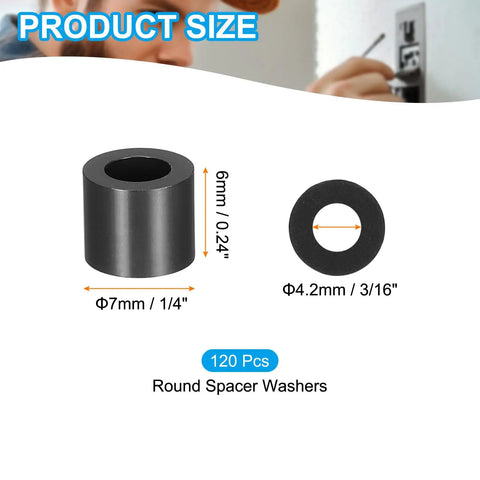 120 Pcs ABS Round Spacers Set 4mm ID 7mm OD 6mm Height Black Nylon Washers For M4 Screws Bolts Barrel Unthreaded Product Size