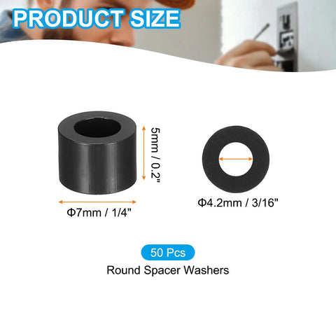 Bulk 50 Pack ABS Round Spacers 4mm ID 7mm OD 5mm Thick For M4 Screws Bolts Black Non Conductive Washers Unthreaded Plastic