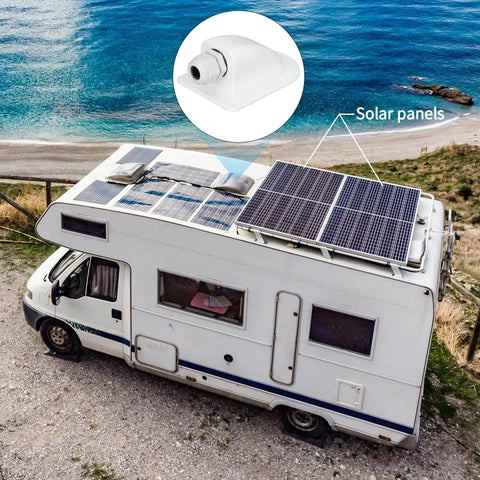 Versatile Weatherproof ABS Solar Cable Entry Gland For 3mm2 To 12mm2 Cables, Ideal For RVs, Boats, Yachts, And Rooftop Solar Installations, Waterproof IP68 Rated, 1 Pack, installed on RV roof with solar panels by the sea.
