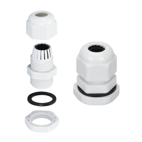 Versatile Weatherproof ABS Solar Cable Entry Gland For 3mm2 To 12mm2 Cables, Ideal For RVs, Boats, Yachts, And Rooftop Solar Installations, Waterproof IP68 Rated, 1 Pack shown disassembled with gaskets.