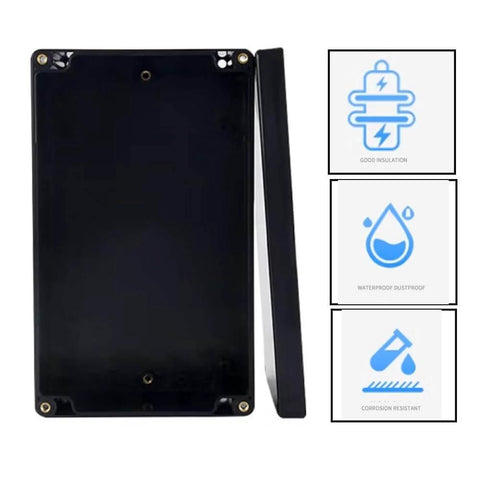 Front and side view of IP65 Rated ABS Plastic Electrical Enclosure Box For Electronics, Black, showcasing waterproof and corrosion-resistant features.