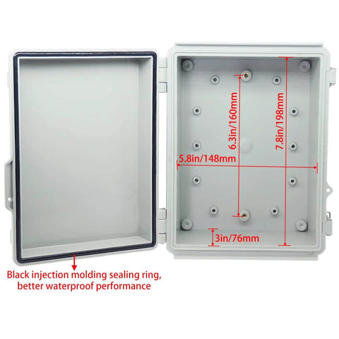 All Weather Built To Last IP67 Waterproof ABS Electrical Enclosure With Hinged Cover And Stainless Steel Latch Two Cable Glands Mounting Plate And Wall Bracket Indoor Outdoor Project Box 8.7 By 6.7 By 4.3 Inches with open hinged cover