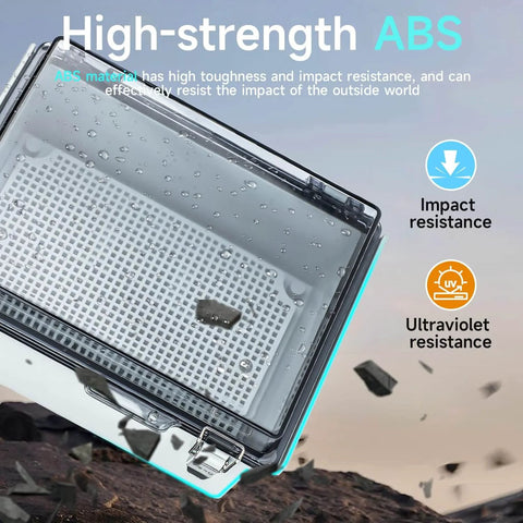 High-strength ABS IP67 Waterproof Electrical Junction Box with Clear Enclosure, hinged cover showcasing impact resistance.