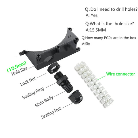 IP68 Waterproof Electrical Box With 24A Barrier Terminals, 10 Position Terminal Block, ABS Plastic Black Junction Box Kit components