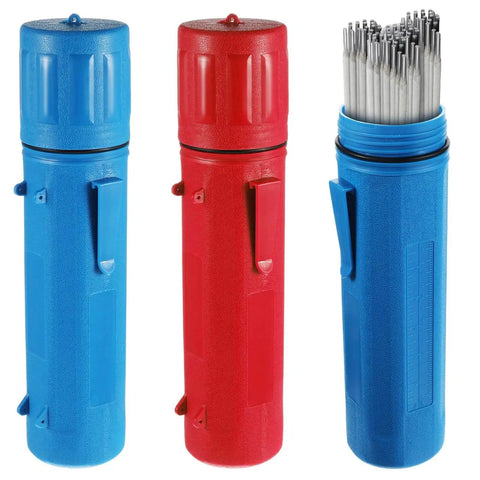 Two Pack 14 Inch Welding Rod Storage Tubes In Red And Blue Airproof And Waterproof Electrode Canisters For Keeping Stick Electrodes Organized By Type Or Size On The Job Site.