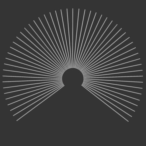 Symmetrical arc of straight lines converging at a central point on a dark background, resembling a burst pattern.