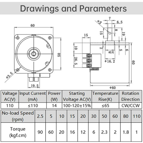 Technical drawing and parameters of 2.5RPM Synchronous Gear Motor, AC Motors 110V 60KTYZ CW/CCW High Torque Permanent Magnet Micro Electric Motor