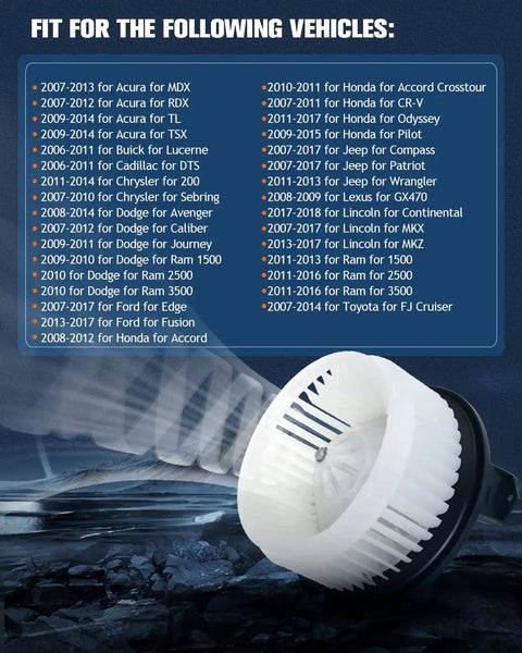 Image of AC Blower Motor 700203 with fitment chart for vehicles including Acura MDX TL RDX TLX TSX 2007 2017 and Honda models.