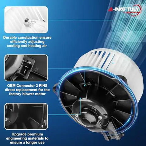 AC Blower Motor With Fan Replacement For Toyota Tacoma 1995 1996 1997 1998 1999 2000 2001 2002 2003 2004 And Toyota Echo HVAC Plastic Heater Blower Motor Fitment Replacement 700059 8710352060 8710304030, showing internal fan details and connector.