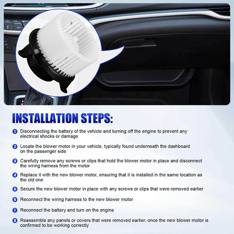 Installation steps for AC Blower Motor With Fan Fits 2003 To 2009 Hummer H2 And 2003 To 2007 Silverado Avalanche GMC Sierra 1500 2500 3500 HD Cadillac Escalade HVAC Heater Blower Replacement Replaces 700101