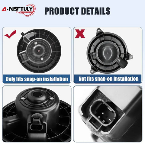 Premium AC Blower Motor Replacement For Chevy Silverado Suburban Avalanche GMC Sierra Yukon Escalade 2003 to 2011 Plug And Play HVAC Heater Fan With OEM Style Fit 700191 89019320 89019301, showcasing installation compatibility details with connector.