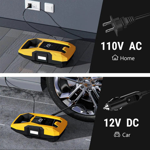 AC DC Tire Inflator Portable Air Compressor With Dual Power Supply in use, plugged into home socket and car 12V outlet.