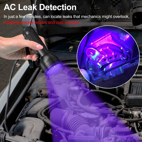 Vansky UV AC leak detector tool; black handheld flashlight with 68 LEDs and purple glow on car engine bay