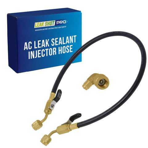 AC leak sealant injector hose kit with dual brass ball valves and black hose, blue Leak Shot Pro box