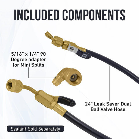 Amazon Leak Saver AC injector hose kit with brass 24in dual ball valve hose and 5/16 x 1/4 in 90° adapter.