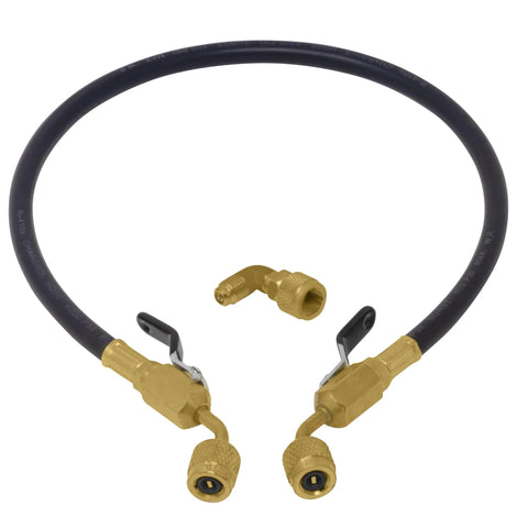 Leak Saver AC Injector Hose kit with black hose and brass dual ball valves for HVAC sealant injection.