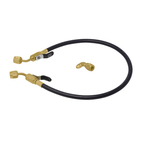 Leak Saver AC injector hose kit with brass fittings, dual ball valves, and black hose for injecting HVAC sealant