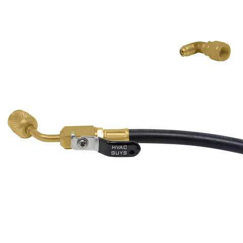 Leak Saver AC leak sealer injector hose with dual brass ball valves, black hose, HVAC GUYS.